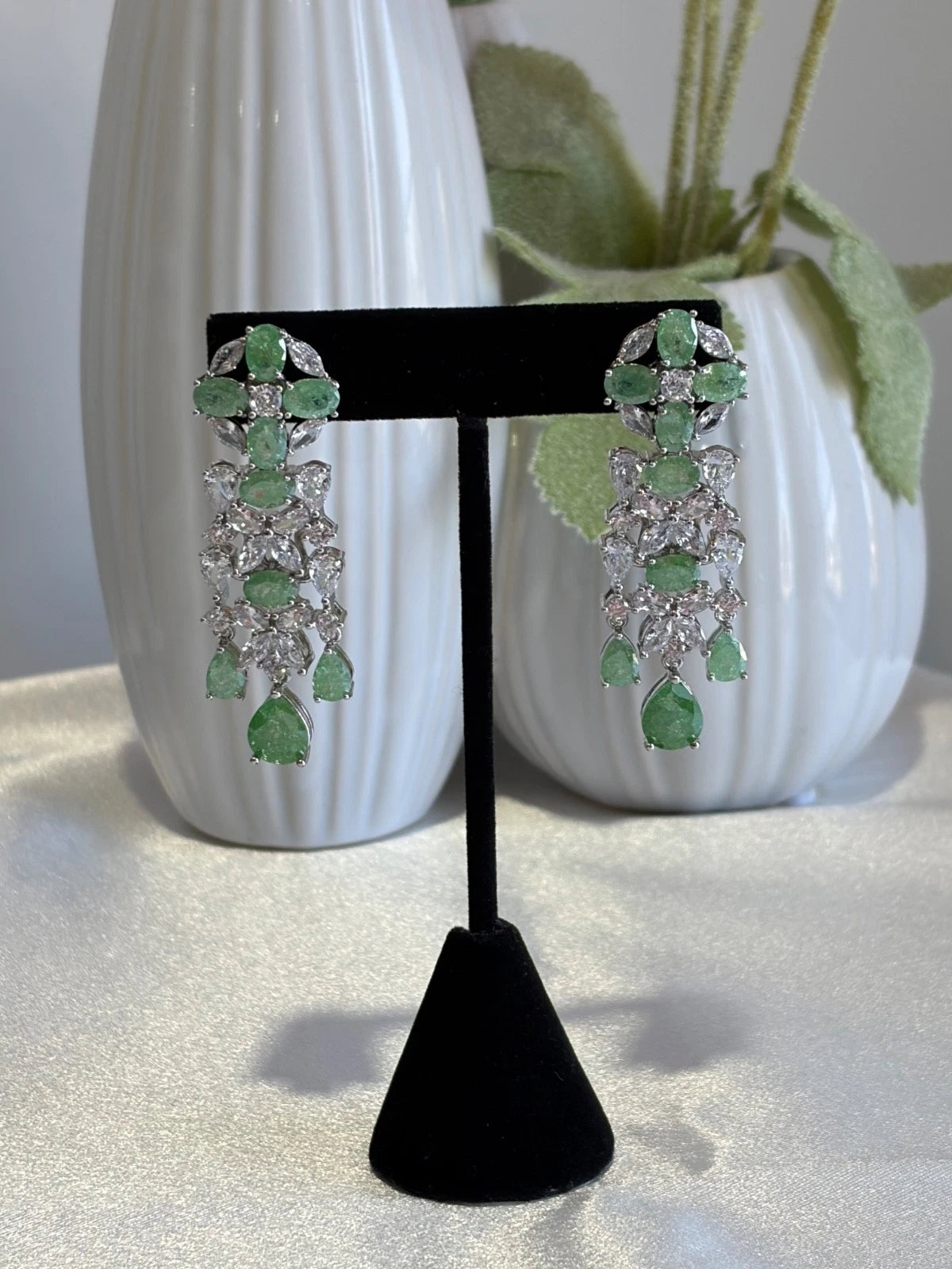 Green CZ Silver Tone Chandelier Drop Earrings Pakistani Indian Jewelry