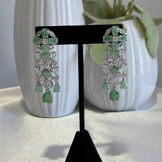 Green CZ Silver Tone Chandelier Drop Earrings Pakistani Indian Jewelry