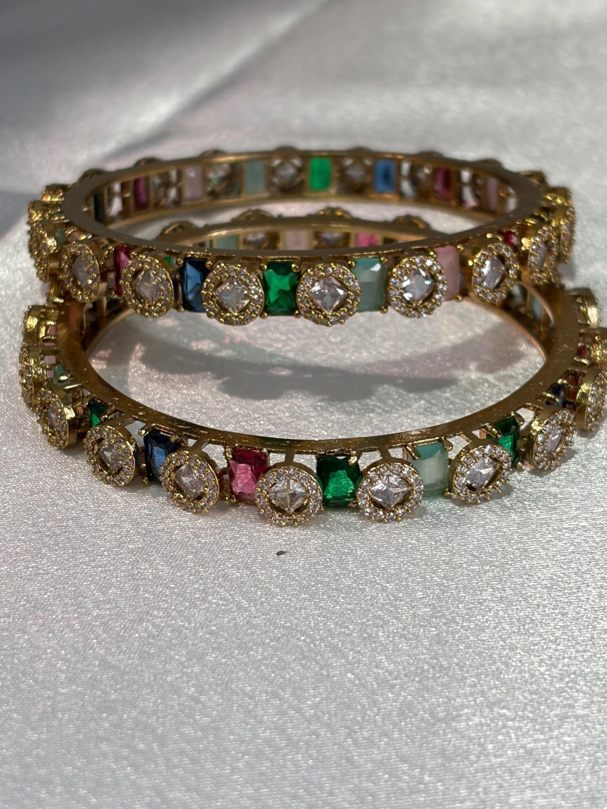 Multicolor CZ Gold Tone Bangle Set Size 2.10 Pakistani Indian Bridal Party Jewel