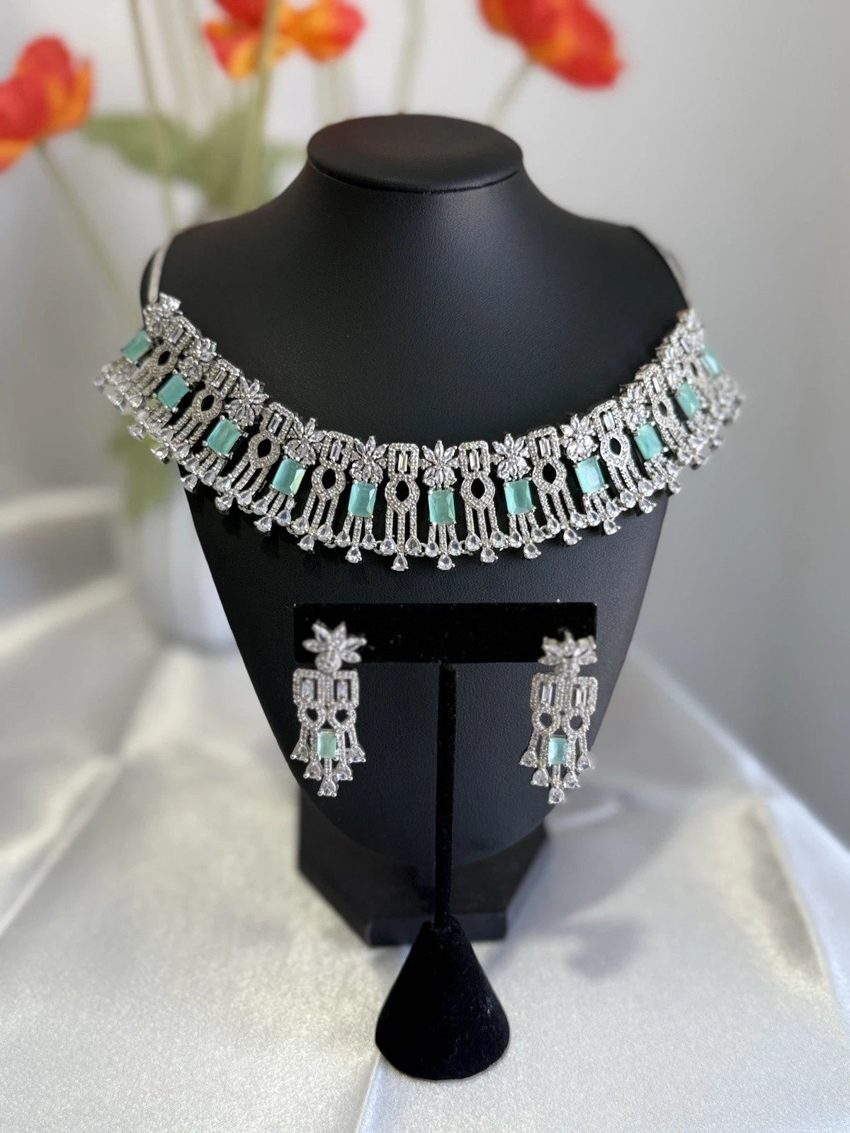 Mint Green CZ Choker Necklace Earrings Set Silver Tone Pakistani Jewelry