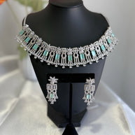 Mint Green CZ Choker Necklace Earrings Set Silver Tone Pakistani Jewelry