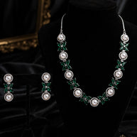 Emerald Green Pearl CZ Silver Tone Necklace Earrings Set
