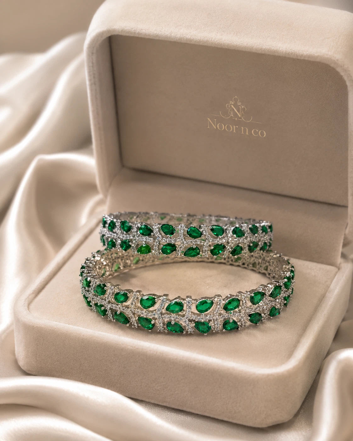 Emerald Green Silver Tone CZ Bangle Set Indian Pakistani Bridal Jewelry