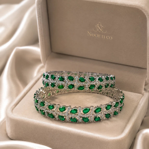 Emerald Green Silver Tone CZ Bangle Set Indian Pakistani Bridal Jewelry