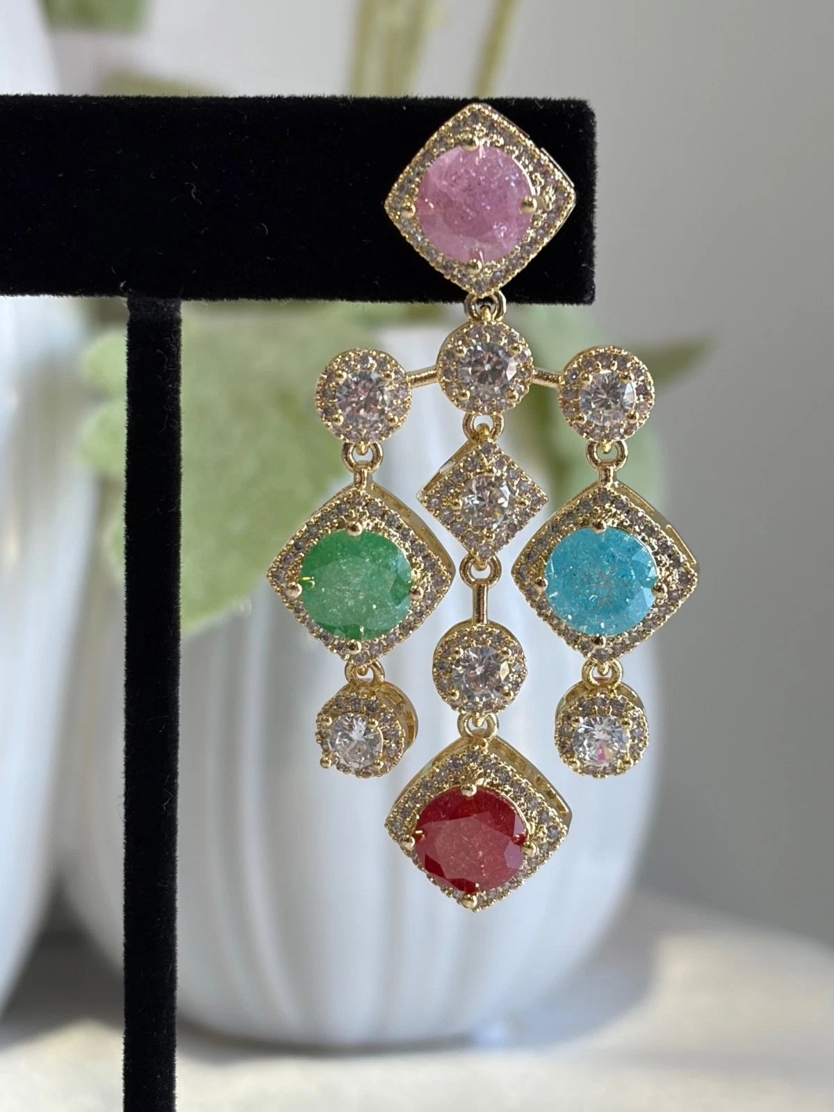 Multicolor CZ Gold Tone Chandelier Earrings Pakistani Indian Statement Jewelry