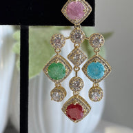 Multicolor CZ Gold Tone Chandelier Earrings Pakistani Indian Statement Jewelry