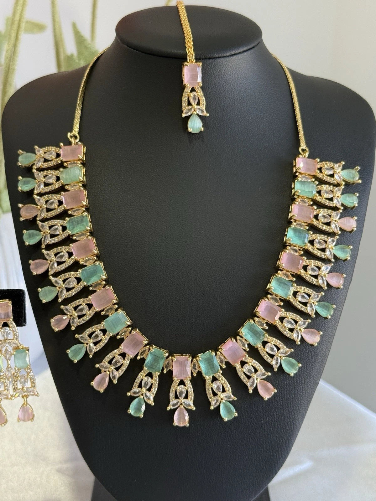Pastel Pink Mint CZ Necklace Earrings Tikka Set Gold Tone Jewelry