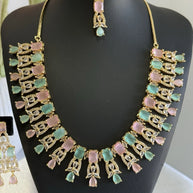 Pastel Pink Mint CZ Necklace Earrings Tikka Set Gold Tone Jewelry