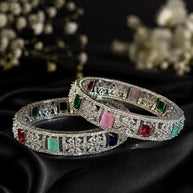 Multicolor CZ Silver Tone Bangle Bracelet Set of 2 Indian Pakistani Jewelry 2.10