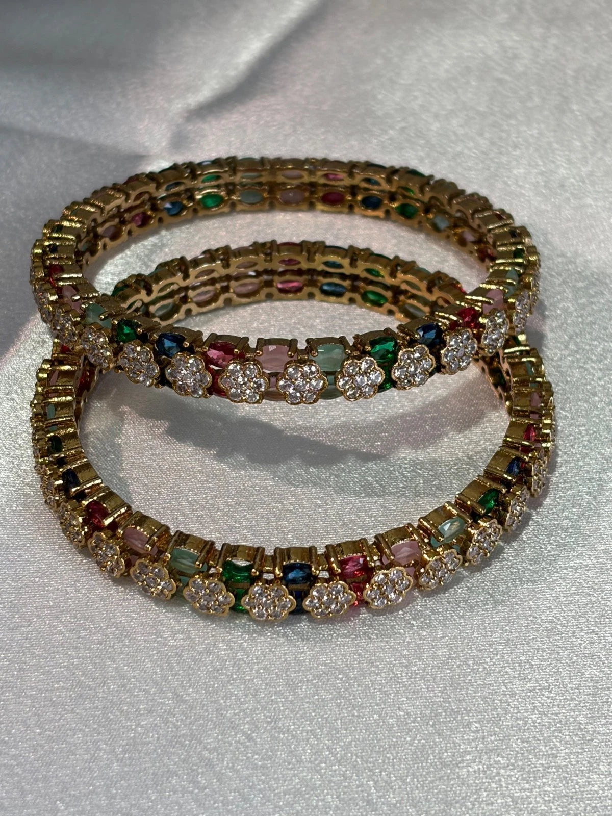 Multicolor CZ Flower Gold Tone Bangle Set Size 2.10 Indian Pakistani Jewelry