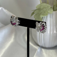 Magenta Pink & Black CZ Floral Stud Earrings Silver Tone Party Jewelry