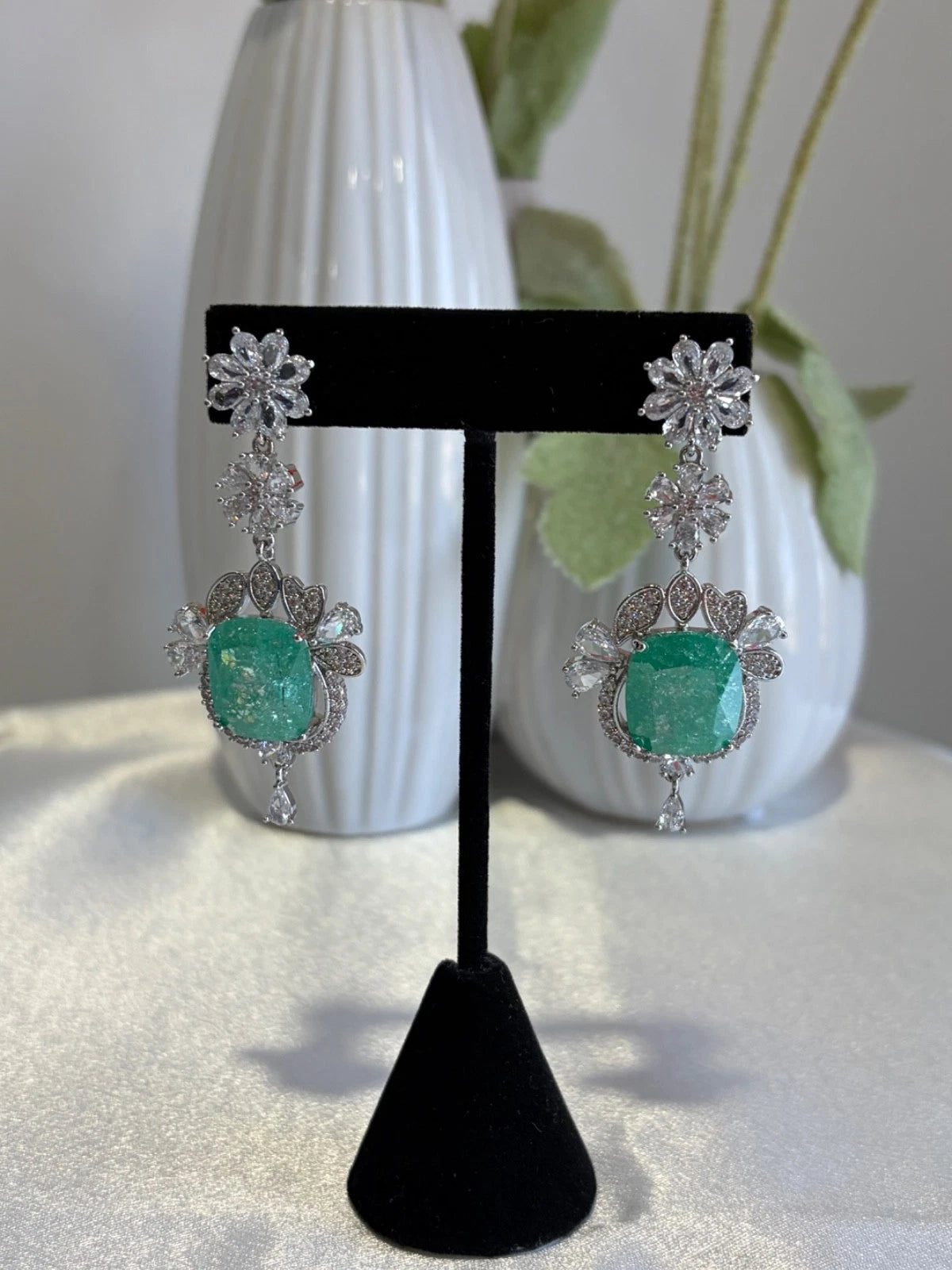 Mint Green CZ Silver Tone Drop Earrings Pakistani Indian Statement Jewelry