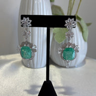 Mint Green CZ Silver Tone Drop Earrings Pakistani Indian Statement Jewelry