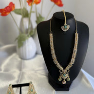 Gold Tone Mint Pink CZ Necklace Earrings Tikka Pakistani Jewelry Set