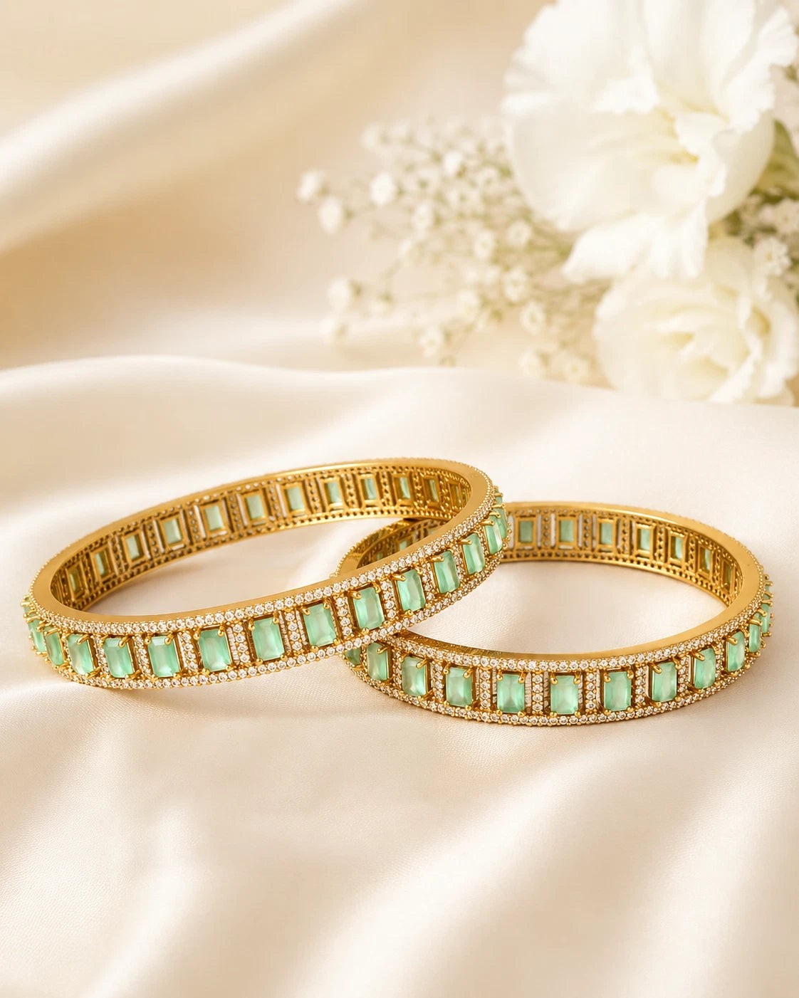 Mint Green CZ Gold Tone Bangle Bracelet Set of 2 Indian Pakistani Jewelry 2.10
