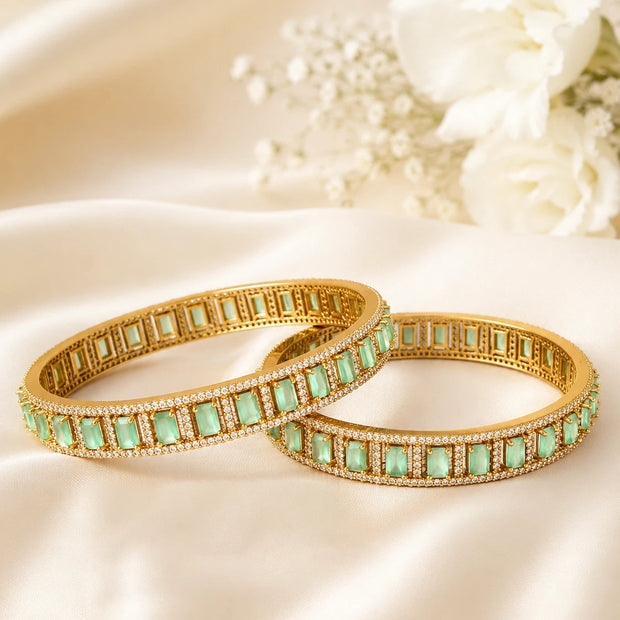 Mint Green CZ Gold Tone Bangle Bracelet Set of 2 Indian Pakistani Jewelry 2.10