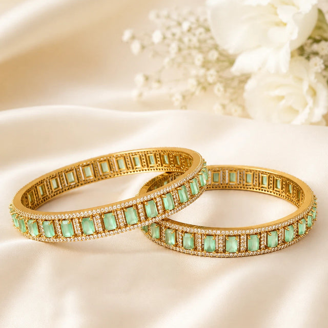 Mint Green CZ Gold Tone Bangle Bracelet Set of 2 Indian Pakistani Jewelry 2.10