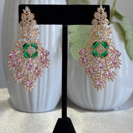 Green Pink CZ Gold Tone Chandelier Earrings Pakistani Indian Bridal Jewelry