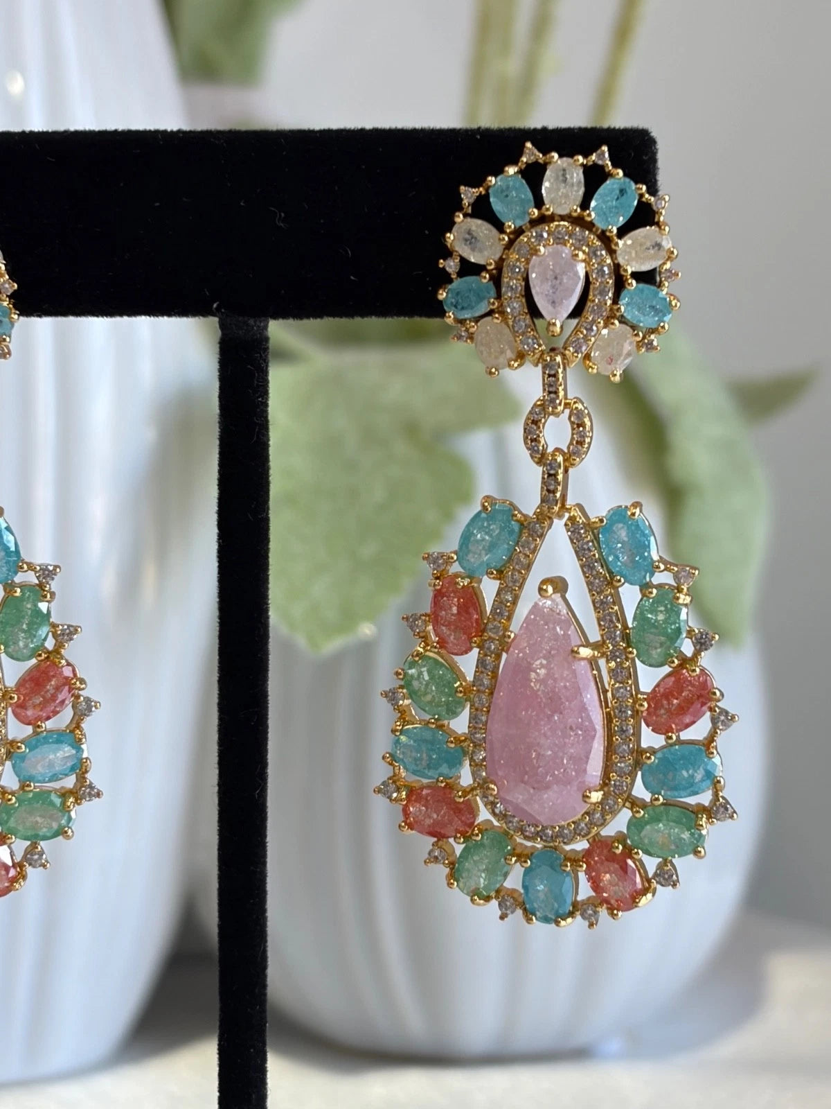 Pastel Multicolor CZ Gold Tone Teardrop Earrings Pakistani Indian Jewelry