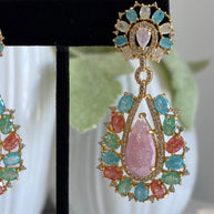 Pastel Multicolor CZ Gold Tone Teardrop Earrings Pakistani Indian Jewelry
