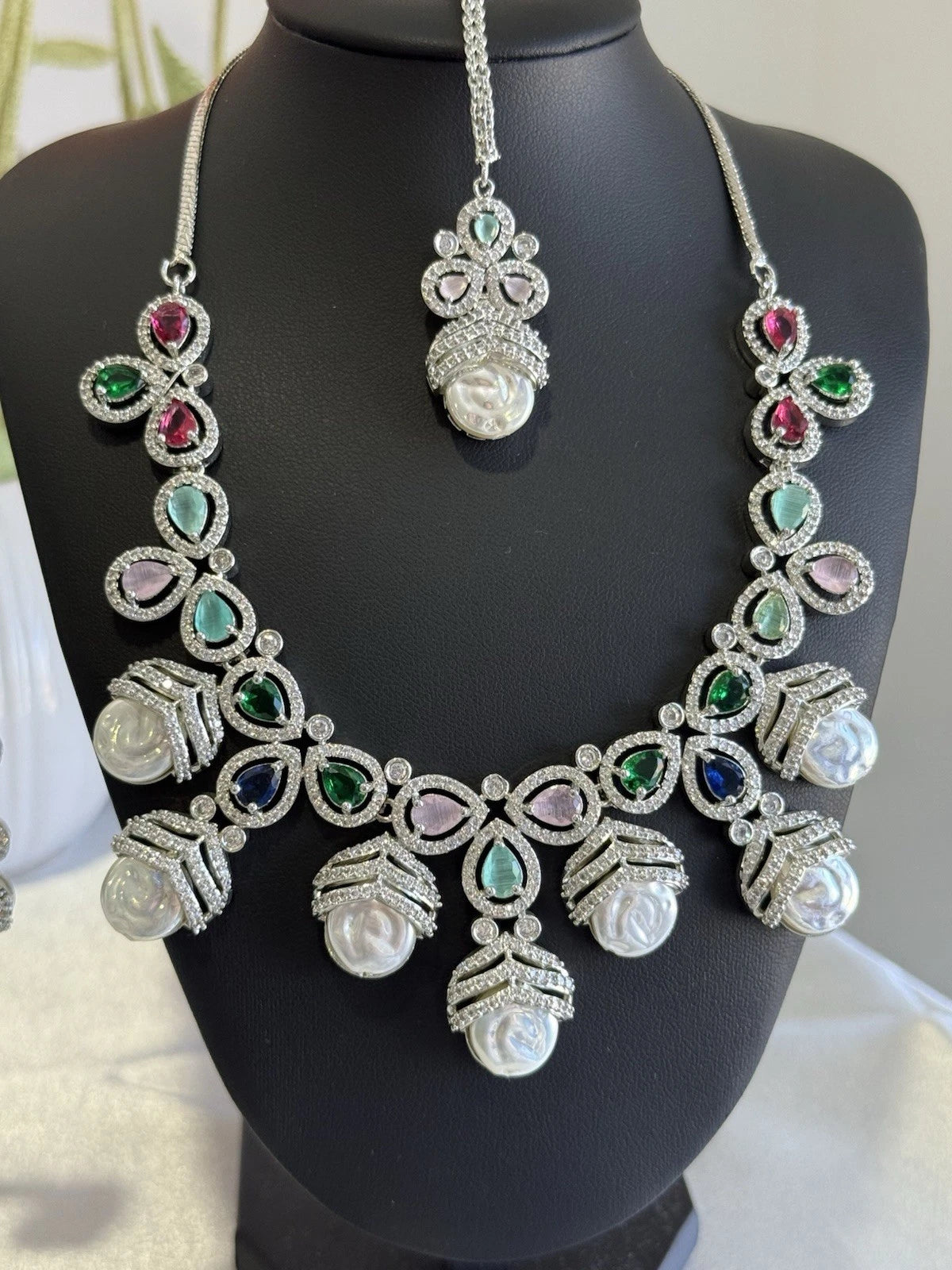 Multicolor CZ Pearl Necklace Earrings Tikka Set Silver Tone Jewelry