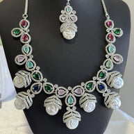 Multicolor CZ Pearl Necklace Earrings Tikka Set Silver Tone Jewelry