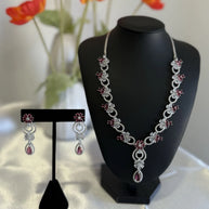 Pink Crystal CZ Necklace & Earrings Set Silver Tone Wedding Jewelry