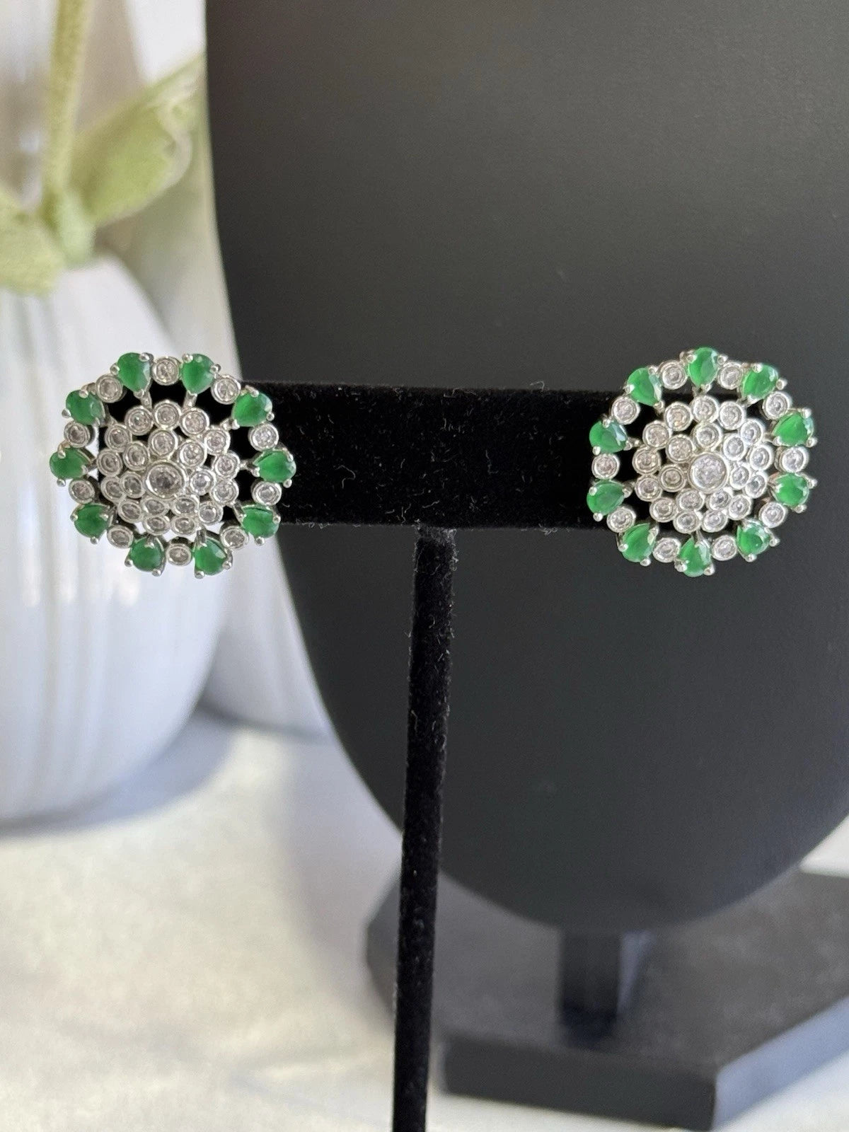 Emerald Green CZ Floral Stud Earrings Silver Tone Party Jewelry