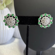 Emerald Green CZ Floral Stud Earrings Silver Tone Party Jewelry