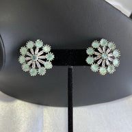 Mint Green CZ Floral Stud Earrings Silver Tone Pakistani Jewelry