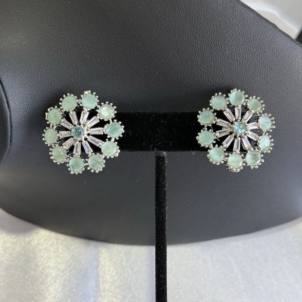 Mint Green CZ Floral Stud Earrings Silver Tone Pakistani Jewelry