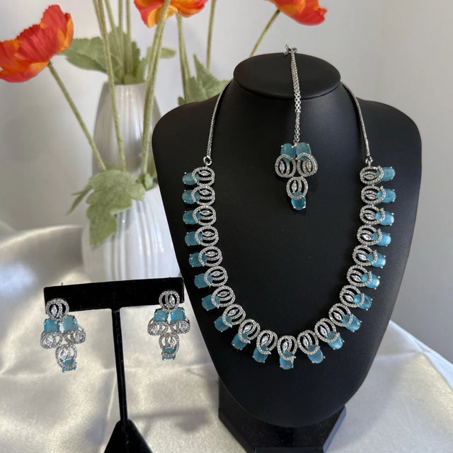 Aqua Blue CZ Necklace Earrings Tikka Set Silver Tone Pakistani Jewelry