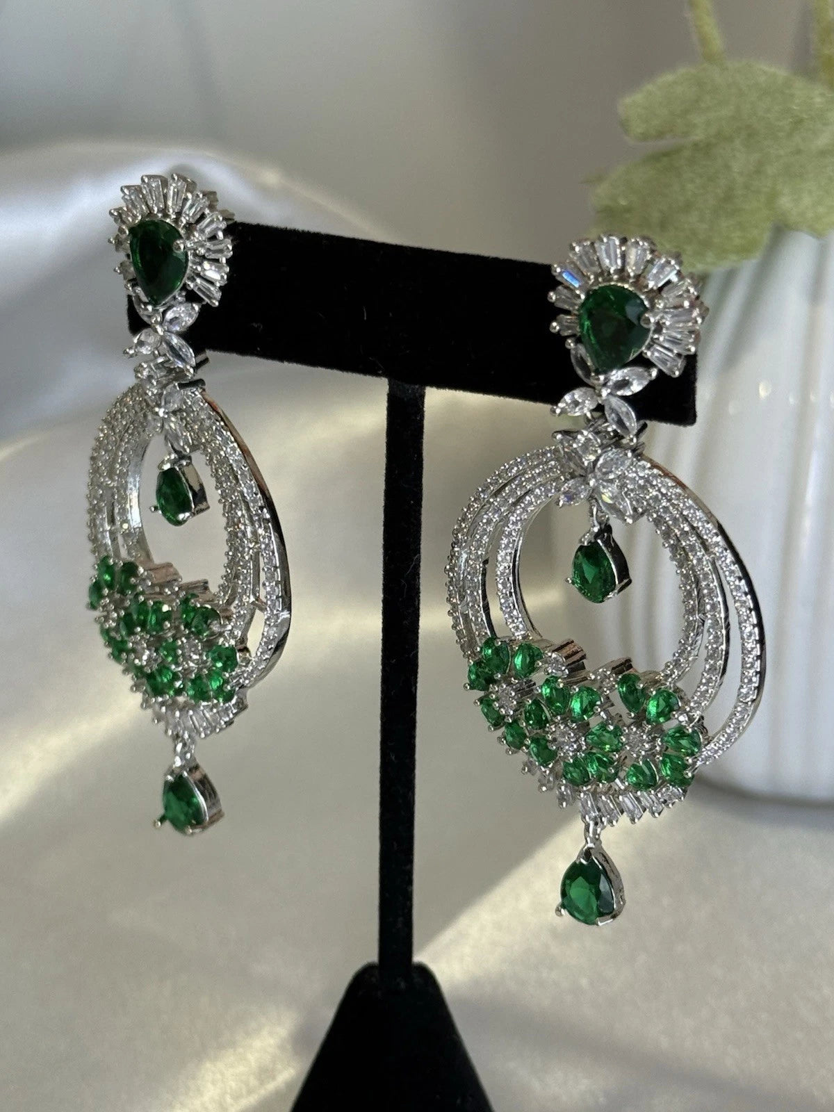 Emerald Green CZ Chandbali Earrings Silver Tone Pakistani Jewelry