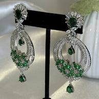 Emerald Green CZ Chandbali Earrings Silver Tone Pakistani Jewelry