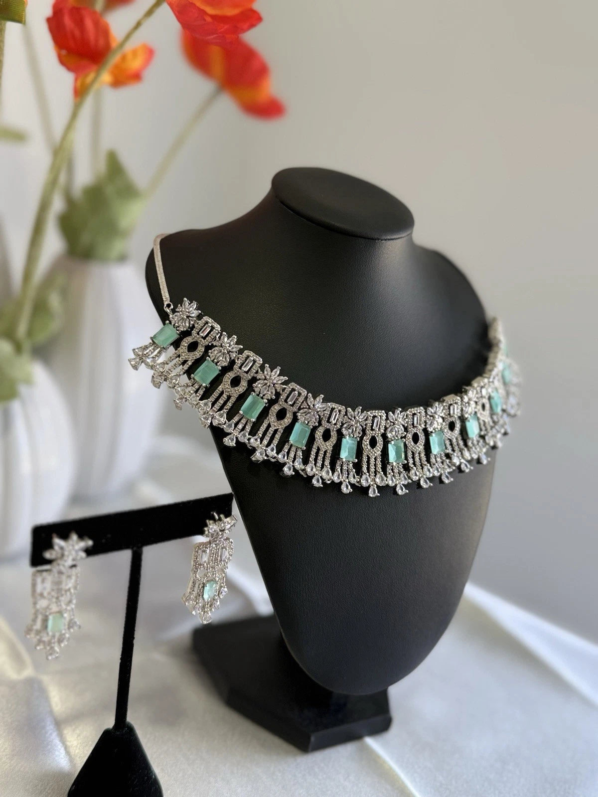 Mint Green CZ Choker Necklace Earrings Set Silver Tone Pakistani Jewelry