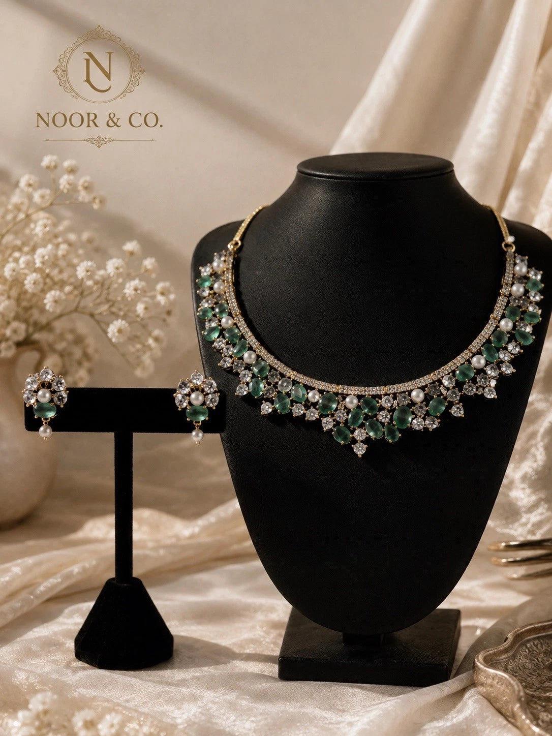 Ruby Pearl & Emerald Pearl Royale American Diamond Necklace Set