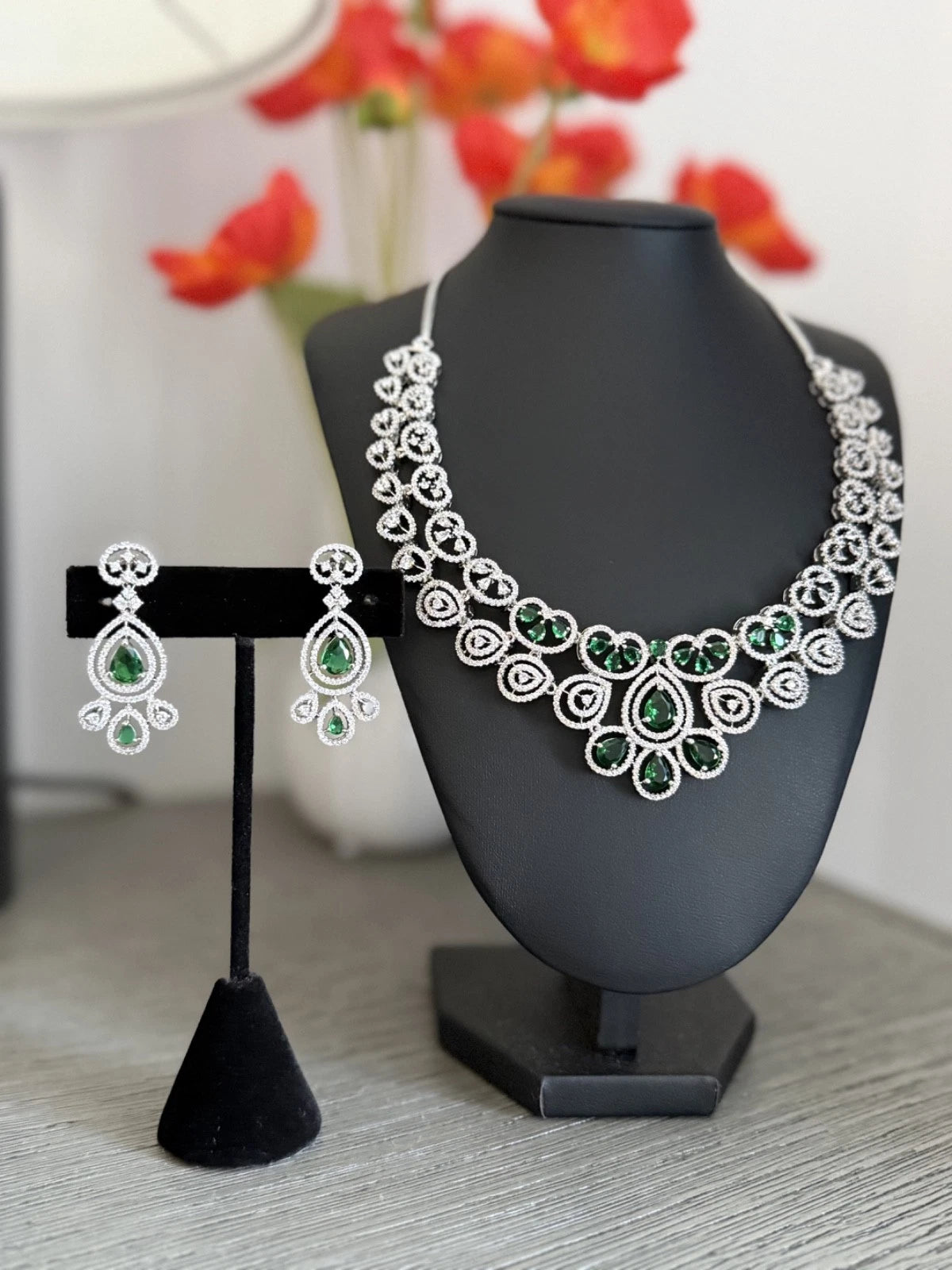 Emerald green and clear CZ-style necklace set