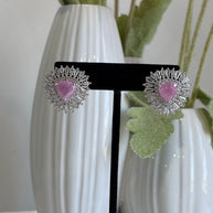 Pink & Green Stone Halo Stud Earrings Silver Tone CZ Statement Jewelry