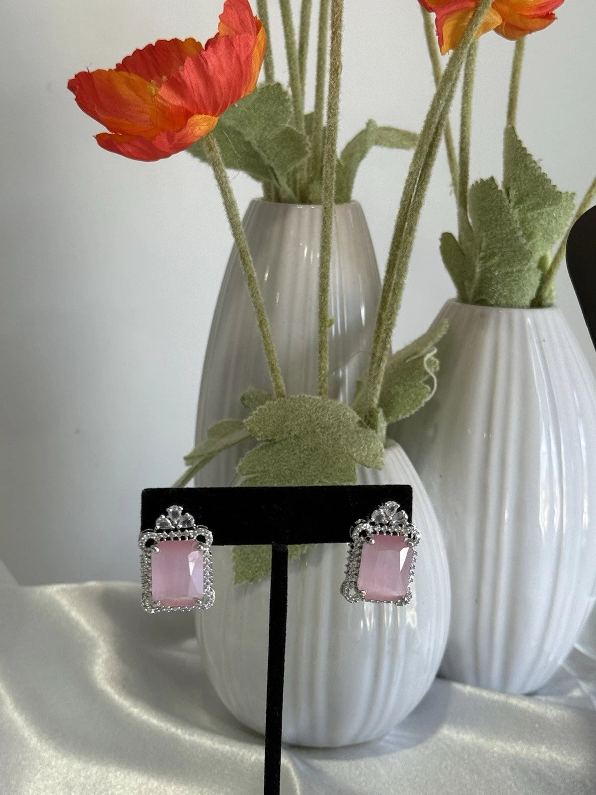 Baby Pink CZ Rectangle Stud Earrings Silver Tone Party Jewelry