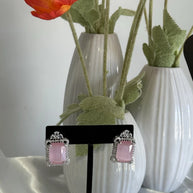Baby Pink CZ Rectangle Stud Earrings Silver Tone Party Jewelry