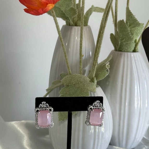 Baby Pink CZ Rectangle Stud Earrings Silver Tone Party Jewelry