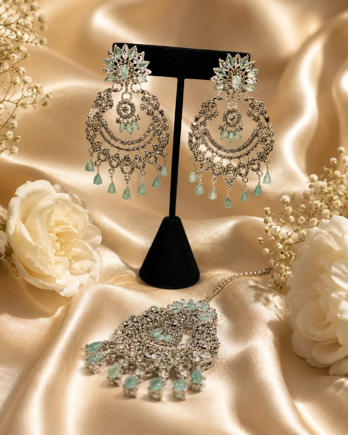 Mint Green Crystal Chandbali Earrings and Tikka