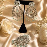 Mint Green Crystal Chandbali Earrings and Tikka