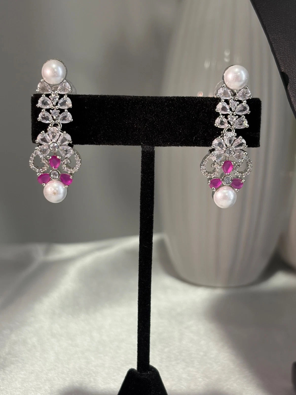 Pink Pearl CZ Silver Tone Necklace Earrings Set Indian Pakistani Bridal Jewelry