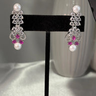 Pink Pearl CZ Silver Tone Necklace Earrings Set Indian Pakistani Bridal Jewelry