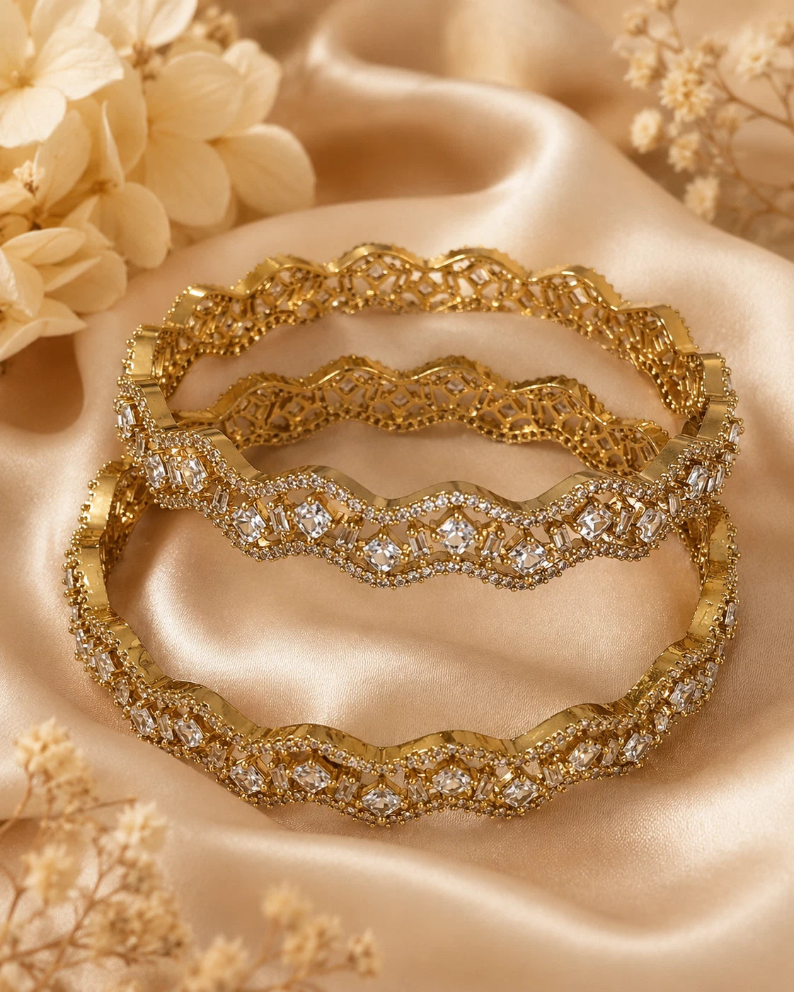 Gold Tone American Diamond Bangles Set Size 2.10 Elegant Wavy Crystal Design