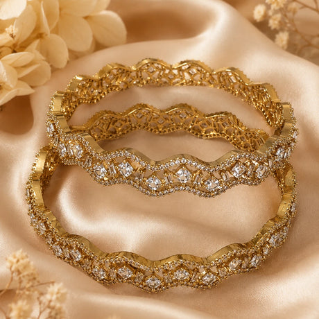 Gold Tone American Diamond Bangles Set Size 2.10 Elegant Wavy Crystal Design