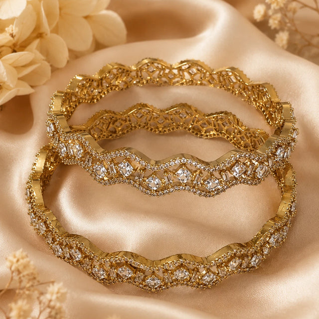 Gold Tone American Diamond Bangles Set Size 2.10 Elegant Wavy Crystal Design