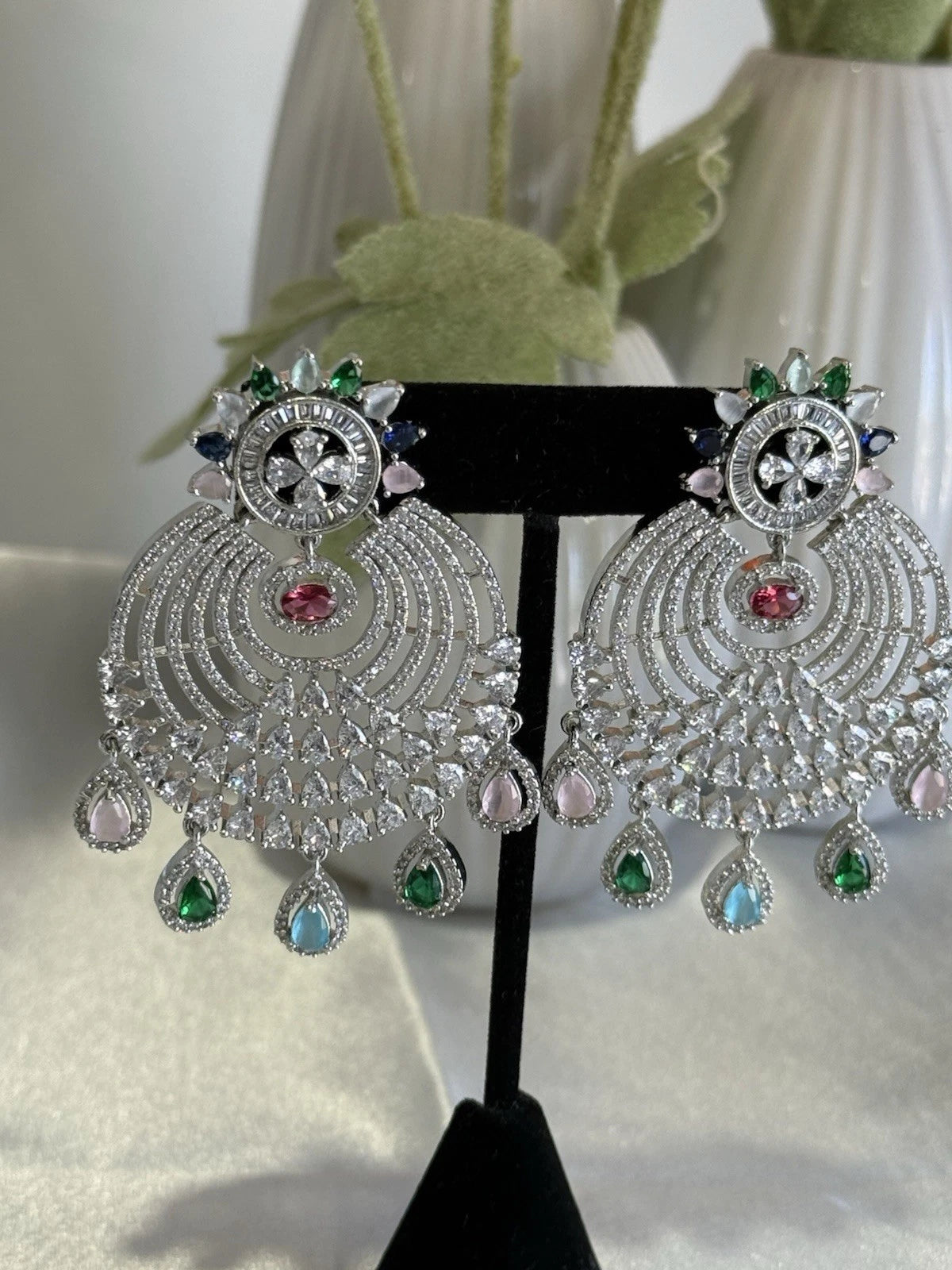 Multicolor CZ Chandbali Earrings Silver Tone Pakistani Indian Jewelry