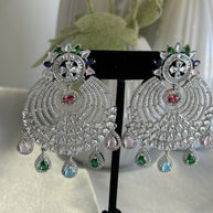 Multicolor CZ Chandbali Earrings Silver Tone Pakistani Indian Jewelry